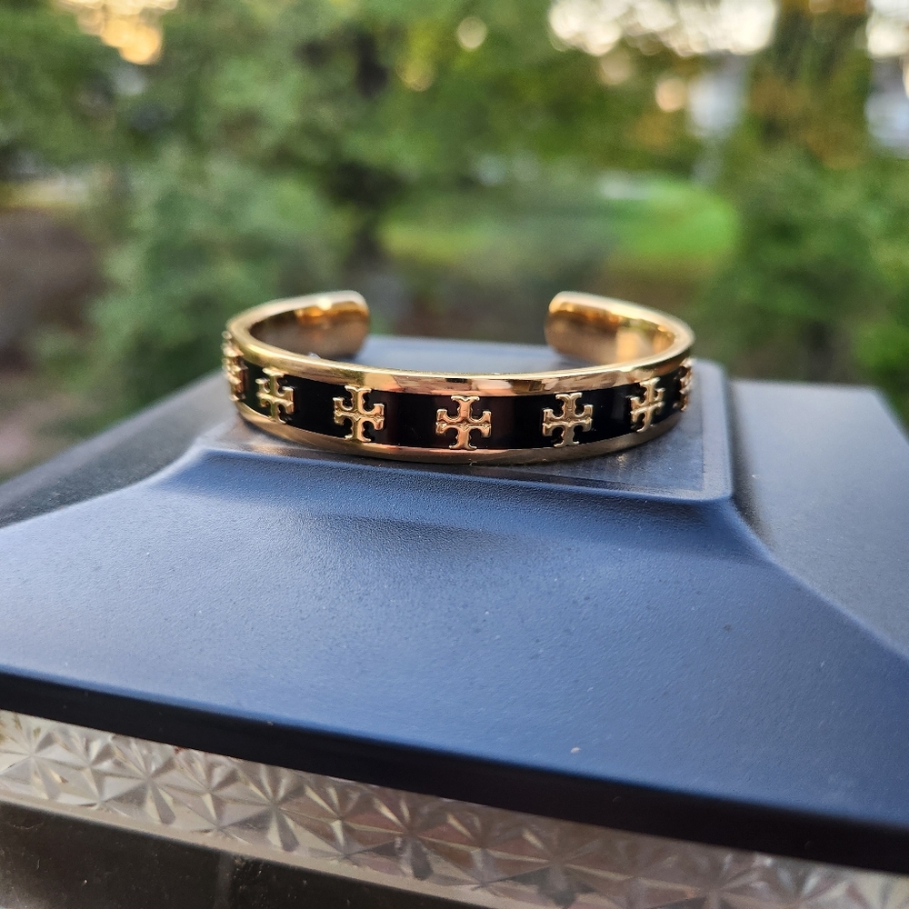 Tory Burch Authentic Black Enamel And Gold Tone Cuff Bracelet